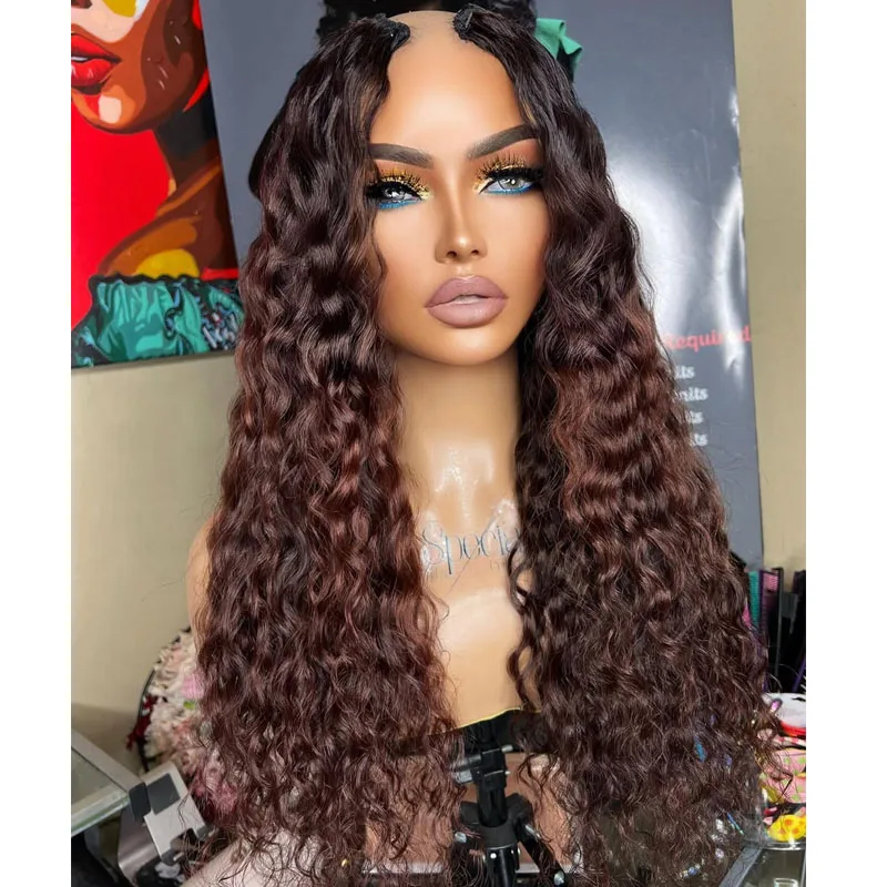 

Opening U Part Ombre Copper Brown Deep Curly Remy Wigs Super Long 30Inch Human Hair Black Women 1x4 V Shaped Wigs with Clips