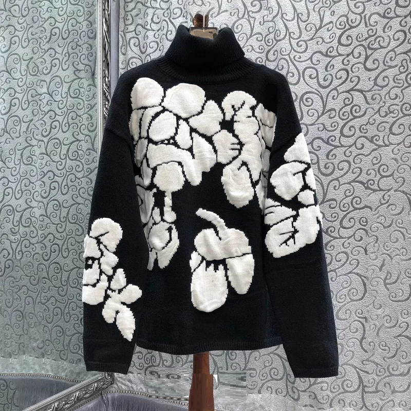 Turtleneck Sweaters 2024 Autumn Winter High Quality Knitwear Women Black White Color Block Knitting Long Sleeve Black Jumpers