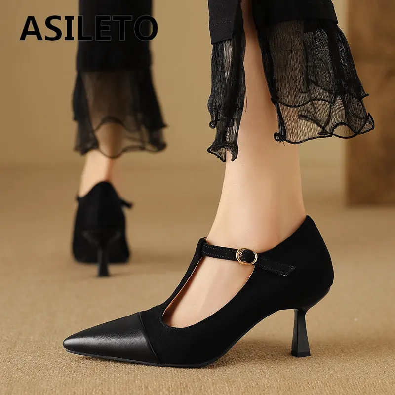 

ASILETO Women Pumps 32 33 T-strap Thin High Heels 7.5cm Mary Janes Pointed Toe Shoes Flock Big Size 47 48 Office Ladies Shoes