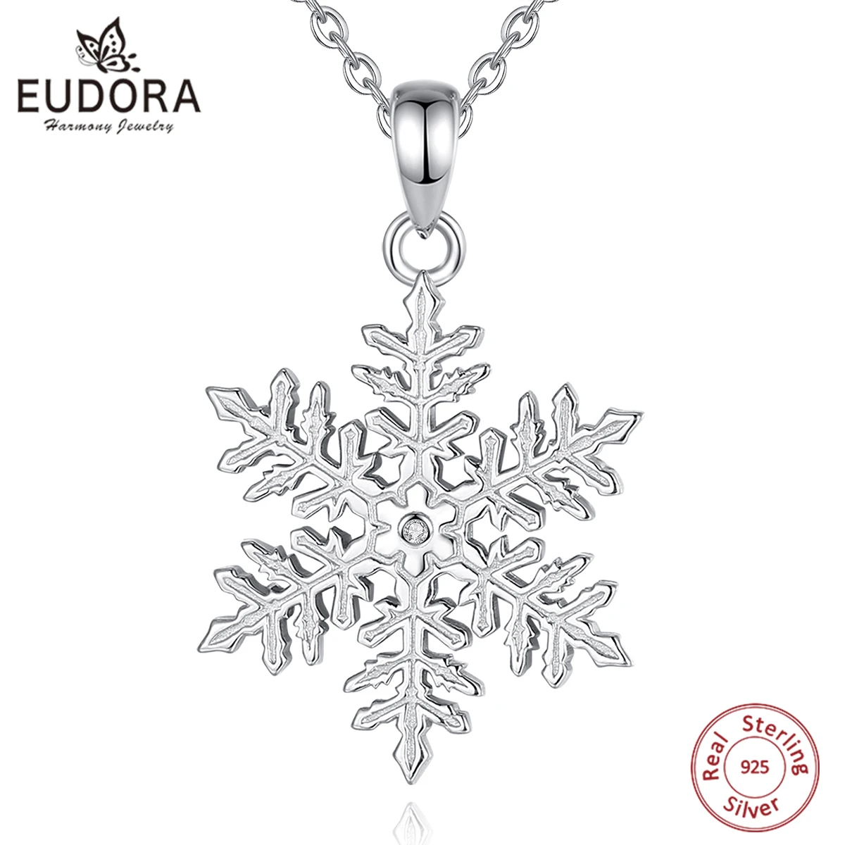 Eudora 925 Sterling Silver Snowflake Necklace Winter AAA Zirconia Snowflake Pendant Simple Jewerly Christmas Gifts for Women