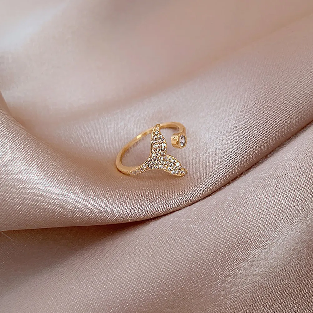 1Pcs Fishtail Whale Tail Ring Unclosed Adjustable Index Finger Ring Rhinestone Inlaid Gold Tone Premium Non-Toxic Elegant Daily