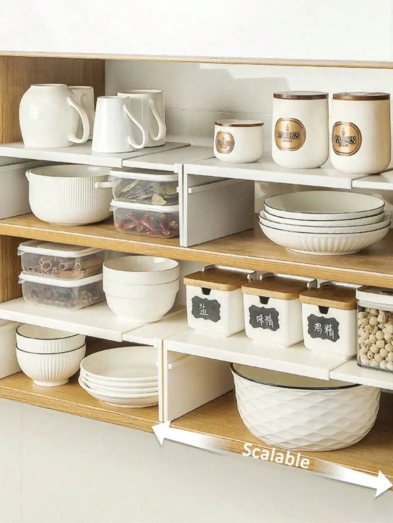 

Expandable Multi-Tier Kitchen Shelf - Adjustable Dividers, No Assembly, Spices/Cookware Storage