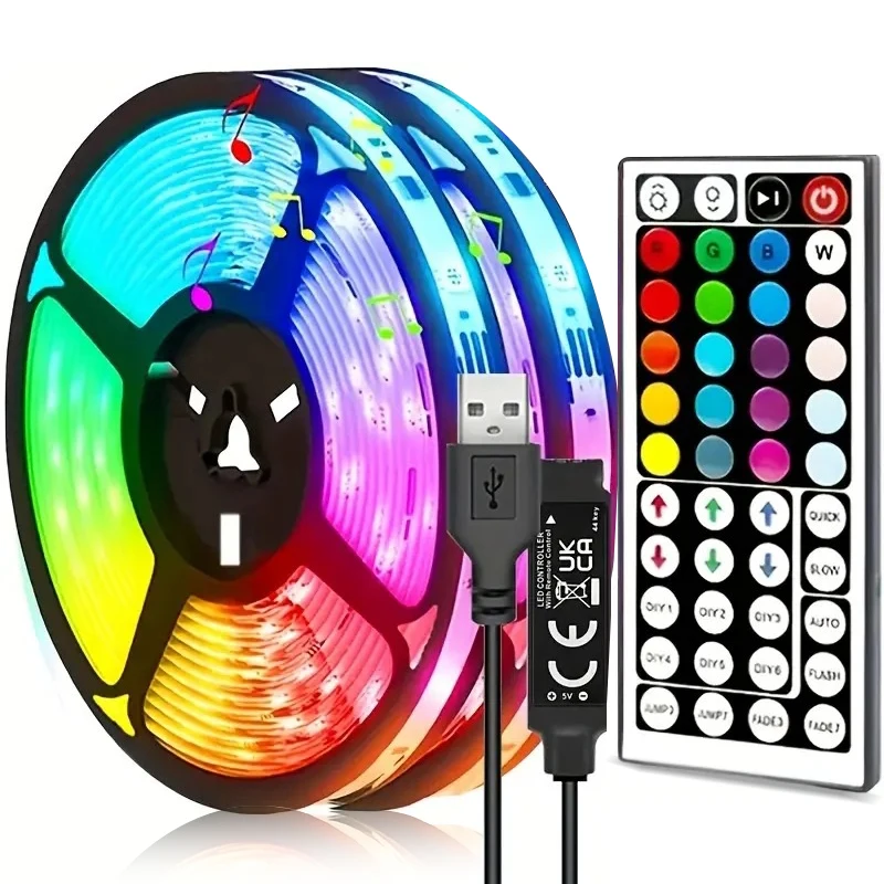 Fita de LED de 1M-40M com Controle Remoto de 44 Teclas, Fita RGB para Decoração de Parede, Quarto, Festa, Iluminação de Fundo para TV