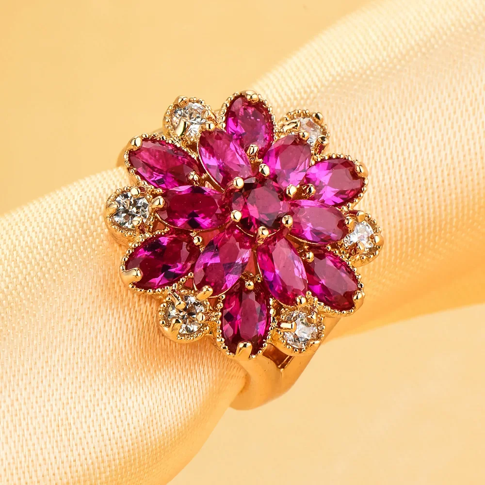Top Quality Crystal Snowflake CZ Retro Ring 925 Silver Gold Plated Jewelry Rose Red Austrian Crystals Full Sizes Wholesale