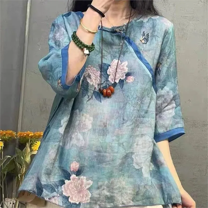 

2023 Pregnant Women's Spring and Autumn Thin Linen Shirt Pregnant Women's Printed Top Retro Ethnic Style Maternity Top 1PCSLF056