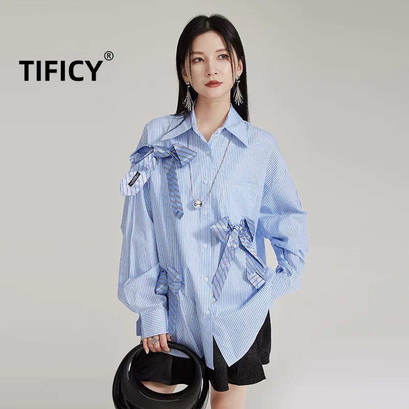 

TIFICY TIFICY Early Women's Autumn New Tie Big Bow Loose Long Sleeved Shirt Niche Design High-end Wearing Streetwear Shirts Top