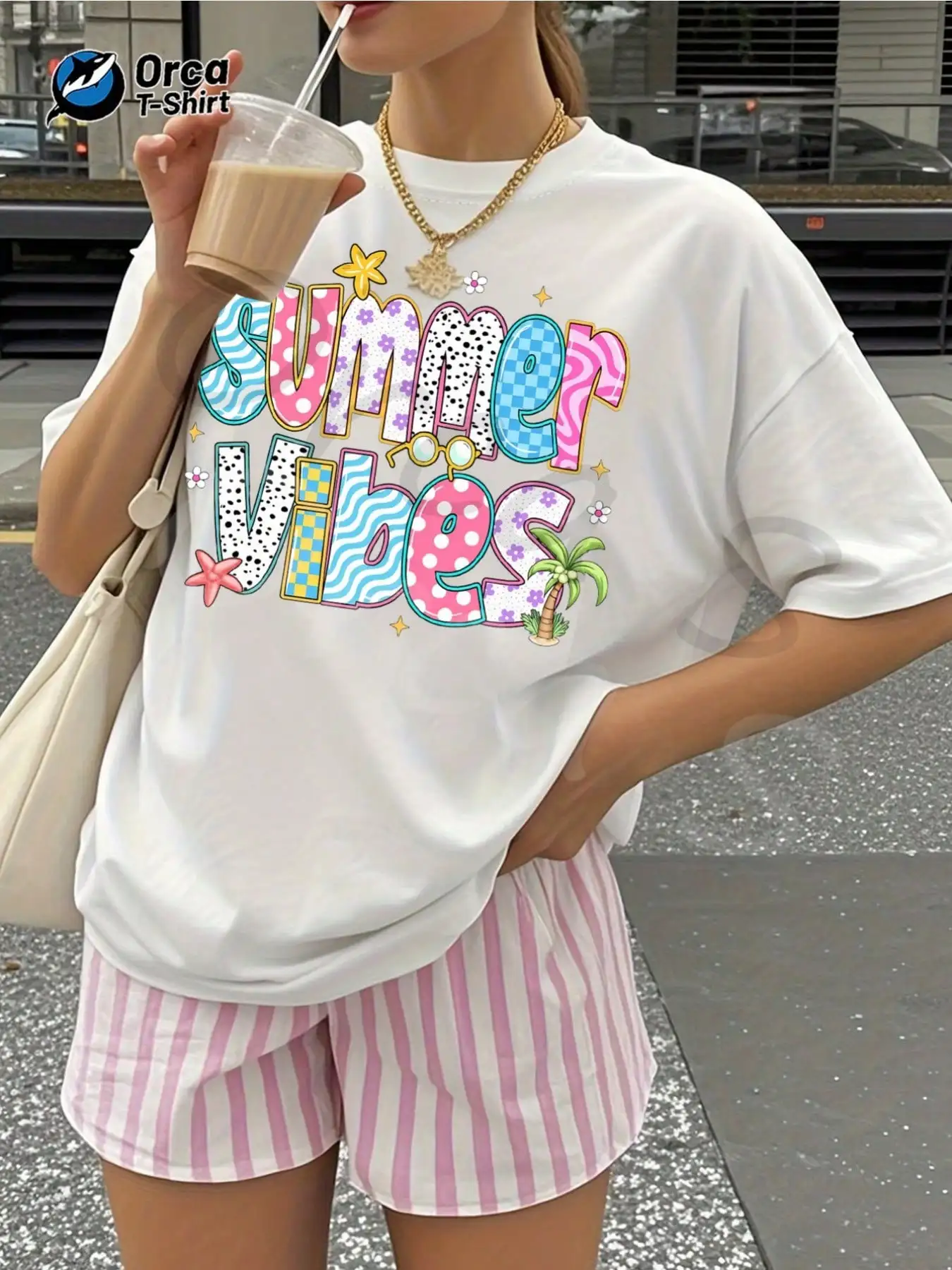Vacation Outfit Women,Color Matching Multi-Texture Letters Vitality Printed Women's Top,Casual Vacation Style Round Neck T-Shirt
