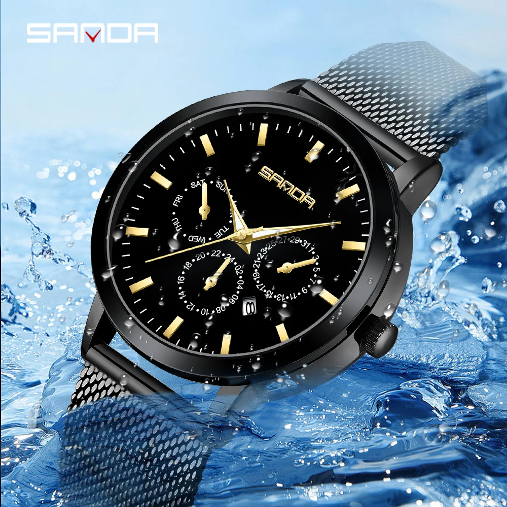 SANDA P1125 2023 Sports Fashion Six-pin With Calendar Waterproof Business Men's Watch Montre Homme Date Clock Stop Wristwatches