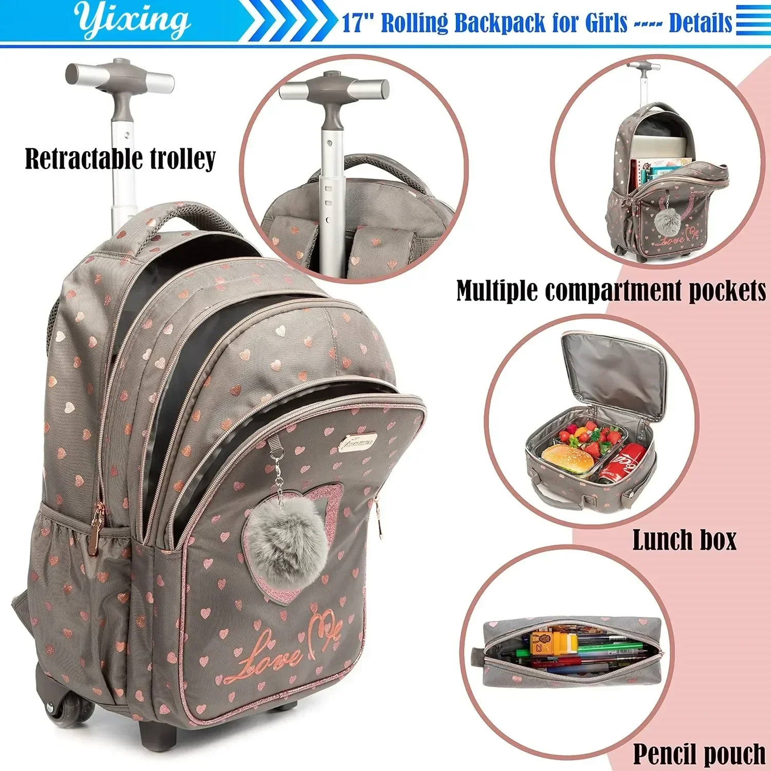 Children\'s Wheeled Backpack Bag Set with Lunch Box School Rolling Backpack Bag with Wheels School Trolley Backpack Bag for Girls