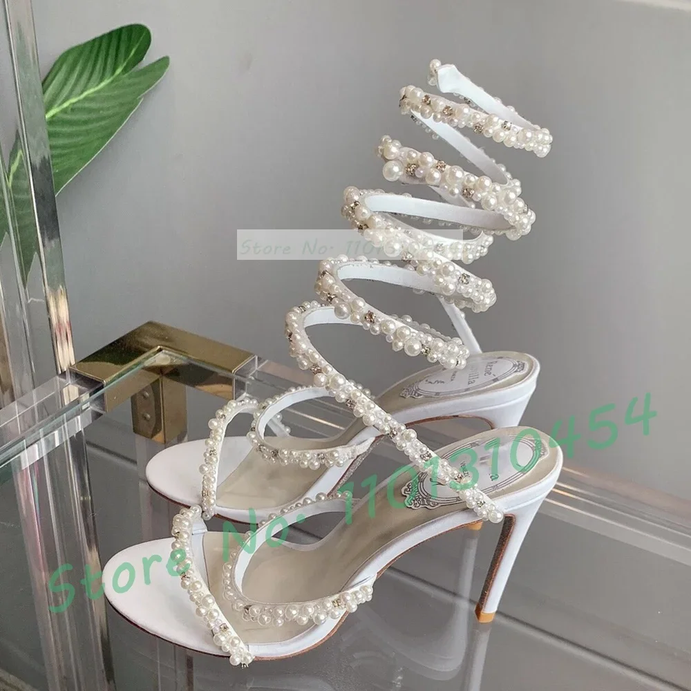 Pearl Snake Wrap Sandals Women Elegant Crystal-set Puttee Stiletto Heel Shoes Ladies Cow Leather White Evening Dress Sandals