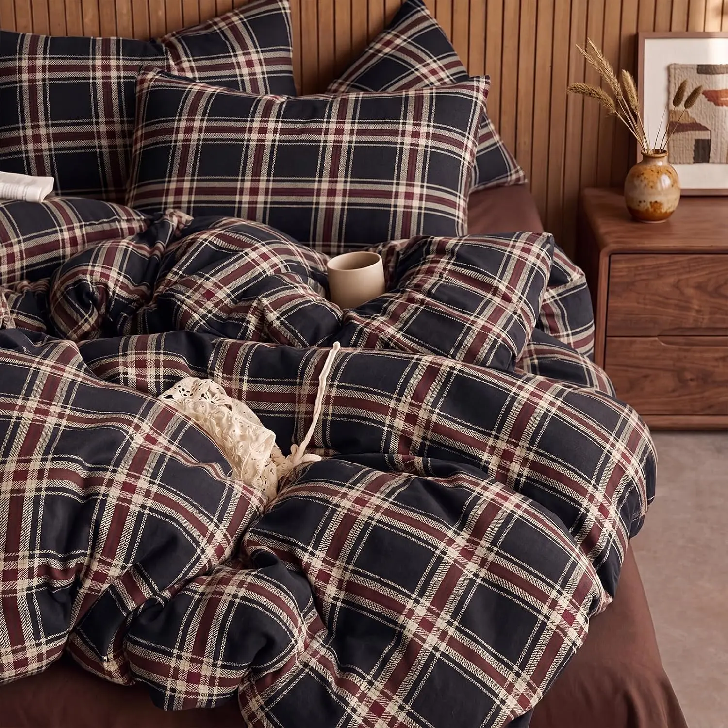 100% Cotton Plaid Duvet Cover Set Queen/King Size – Red Navy Vintage Tartan Bedding Set with Zipper Closure, 3 Pcs Breathable and Soft Gingham Duvet Cover for All Seasons