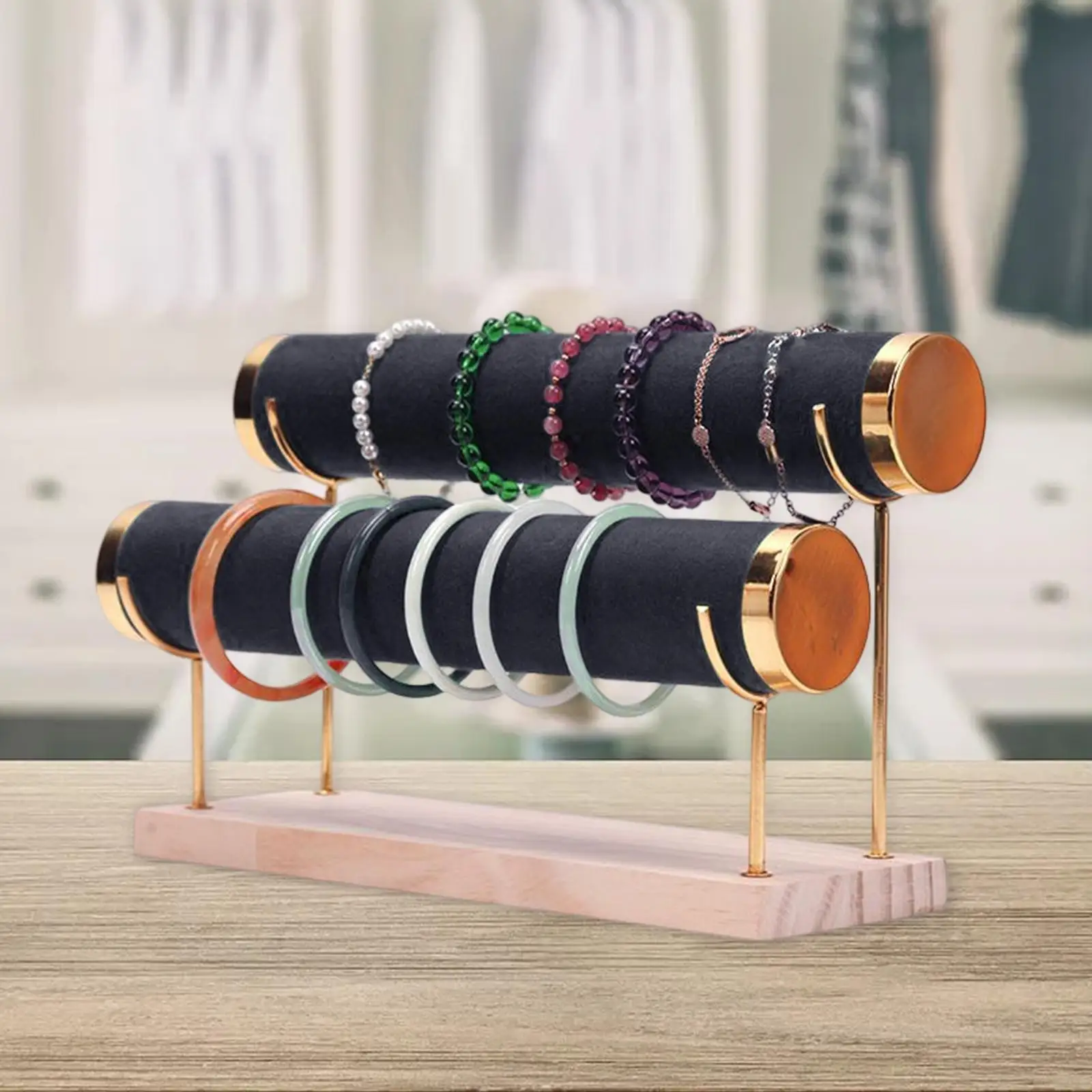 Jewelry Display Holder for Women with Linen Layers Wood and Metal Bracelet Stand Necklace Rack Rings Earring Organizer Desktop