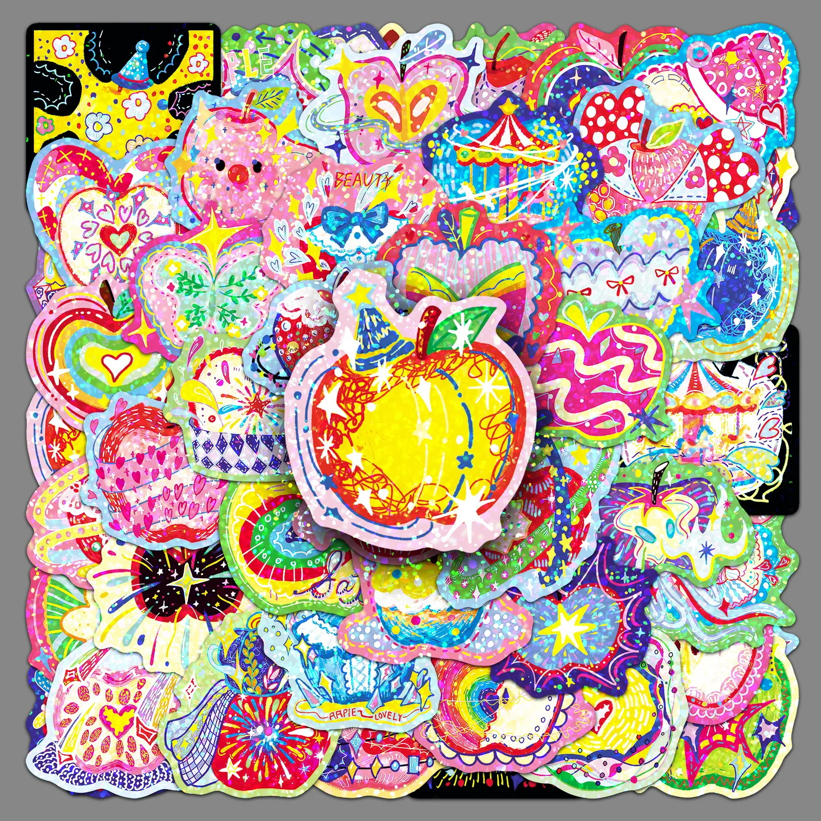 50PCS Cartoon Laser Apple Graffiti Sticker DIY Decoration Mobile Phone Case Notebook Water Cup Toy Gift Sticker