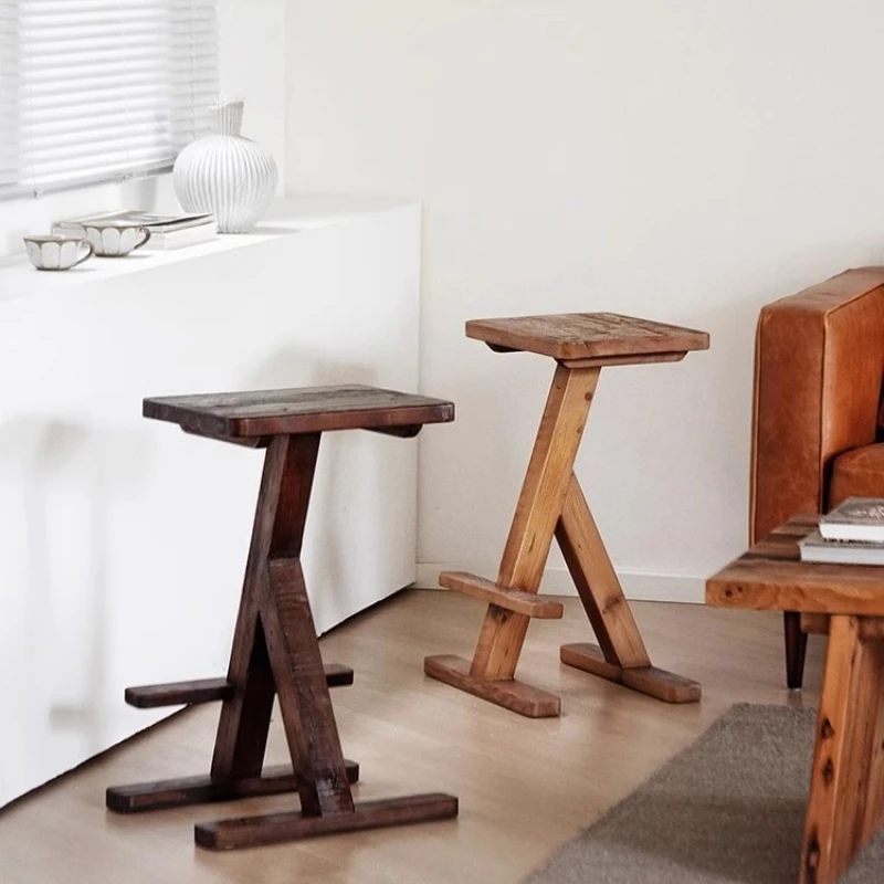 

Old Pine Multi-Function Stool Mid-Century Modern Solid Wood Bar Stool with Step Ladder Saddle Seat for Home Kitchen Bar Chairs