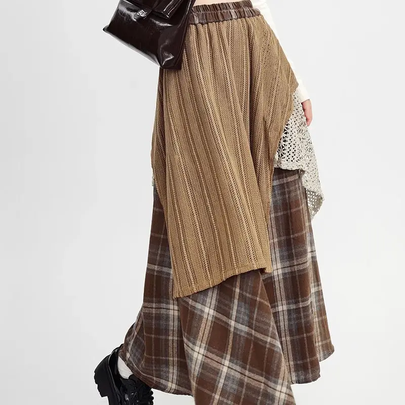 Autumn Winter Woolen Plaid Skirts Women Elastic High Waist Patchwork Irregular Waste Soil Wind Fashion Loose A-line Big Skirt