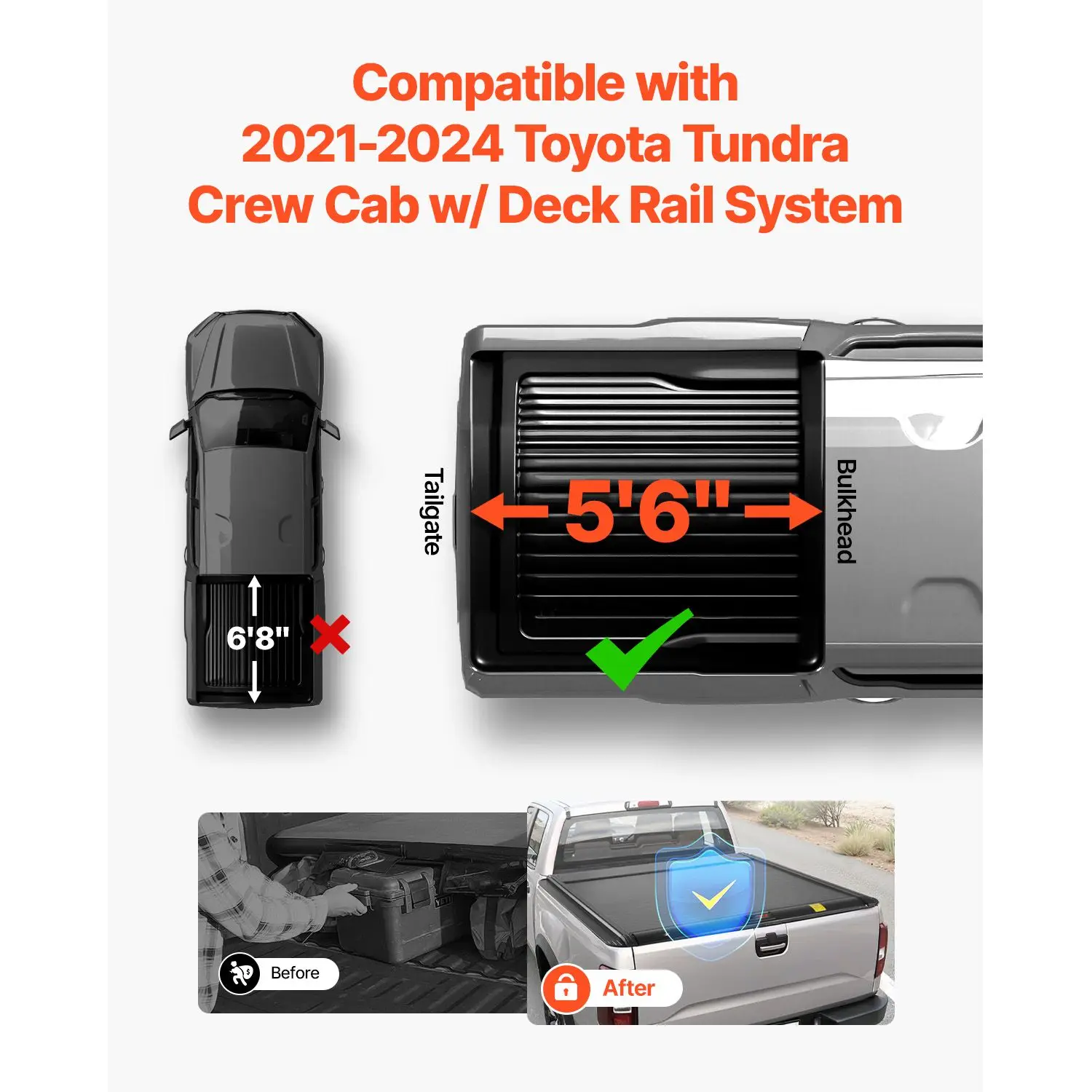 Retractable Tonneau Cover, 5.5 ft Retractable Tonneau Cover with Built-in Drainage Pipe for 2021-2024 Toyota Tundra Crew Cab w/