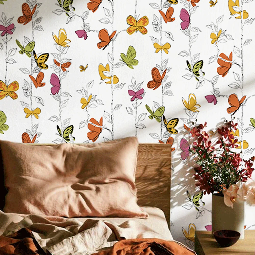 

Nordic Non-Woven Trees Leaves Flying Butterfly Wallpaper Garden Forest Wall Paper Living Room Bedroom Background Decor