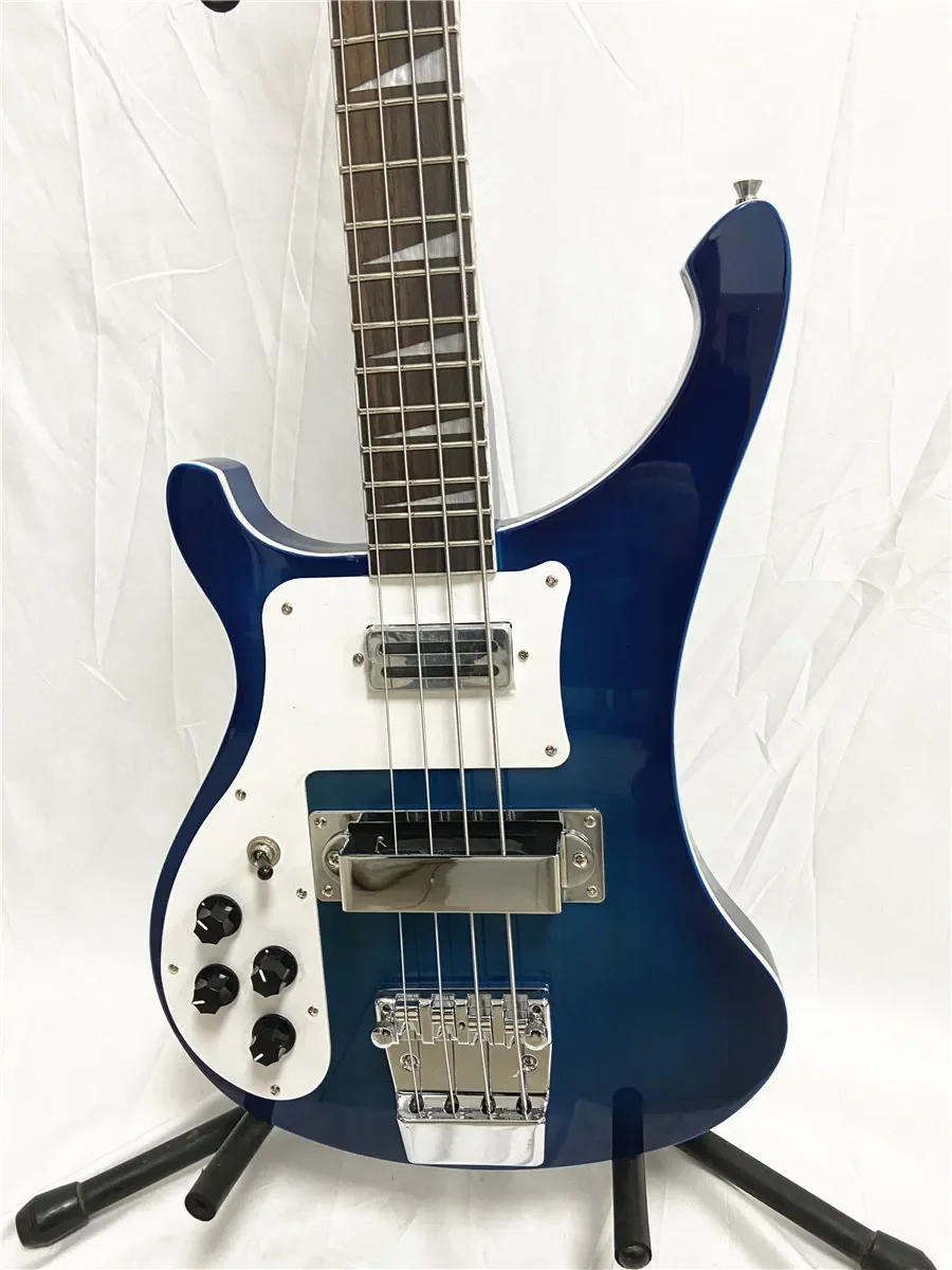 Custom Electric Bass Guitar, Left Hand, 4 String, Blue Gradient Body, Chrome Hardware, 4003