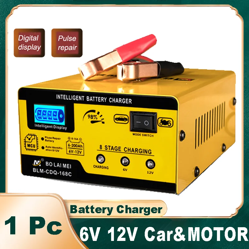 Automatic 6V 12V Car Battery Charger 6Ah-200Ah 15AMP Smart Battery Charger Fast Charging Pulse Repair Charger for Car Motorcycle