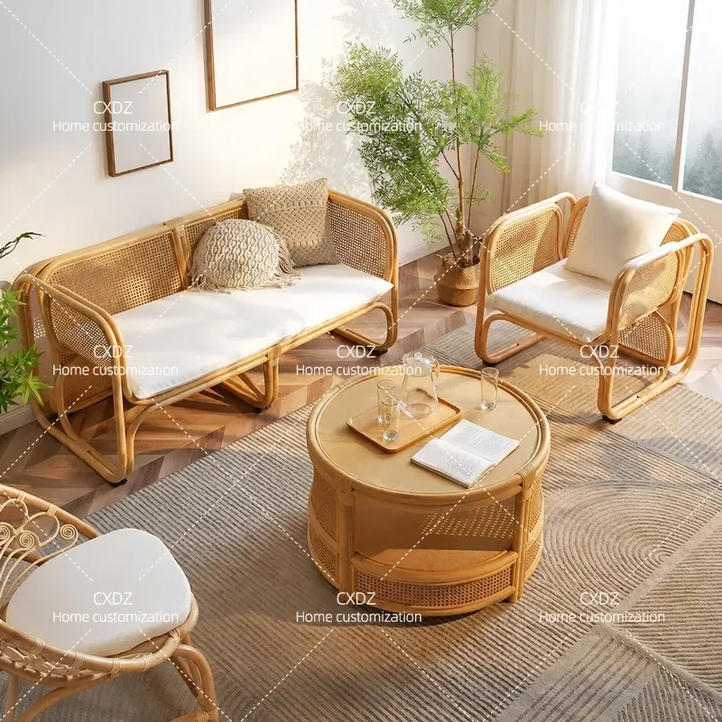 Japanese Rattan Sofa Set Outdoor Balcony Chair Single Armrest Casual Wicker Furniture for Homestay Living Room Garden Patio