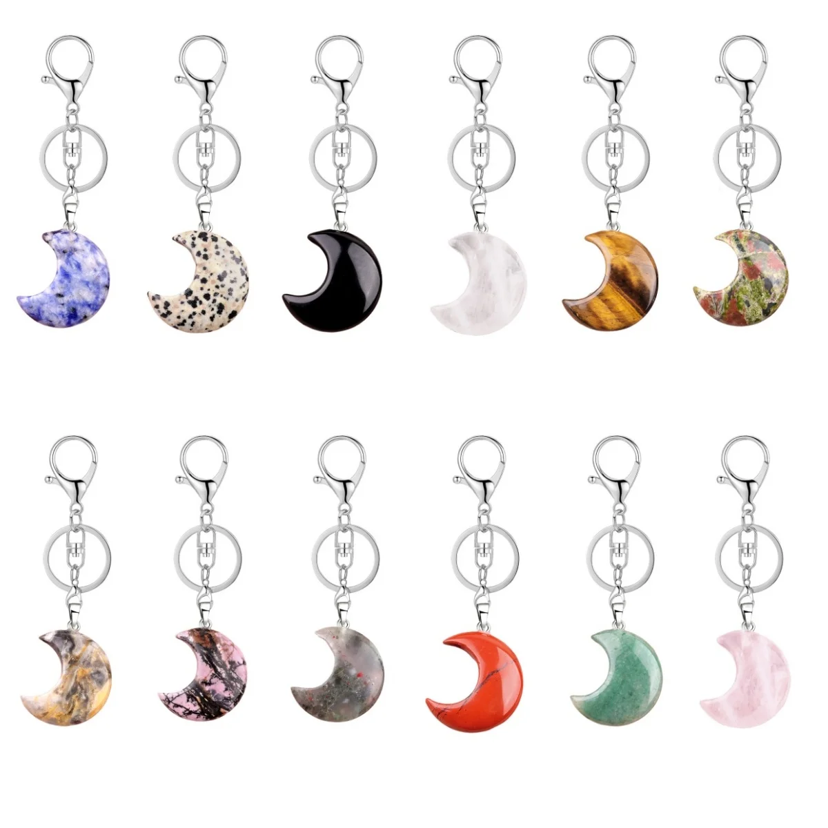Handcaved Crystal Moon Shaped Pendant Keychain Colored Quartz Crescent   DIY Jewelry Backpack 