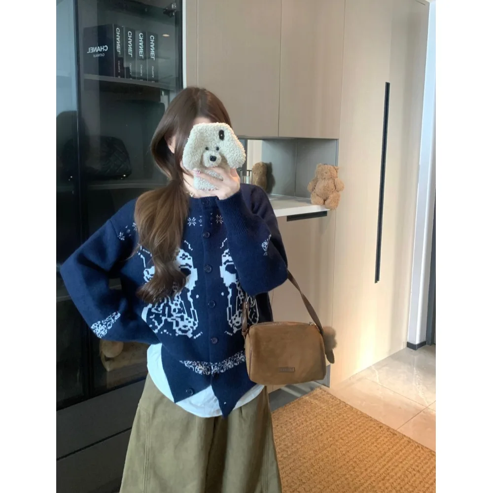 

Ретро Fair Isle вязаный длинный светящийся круглый Ne свитер женский зимний новый ленивый свободный утягивающий вязаный открытый кардиган пальто