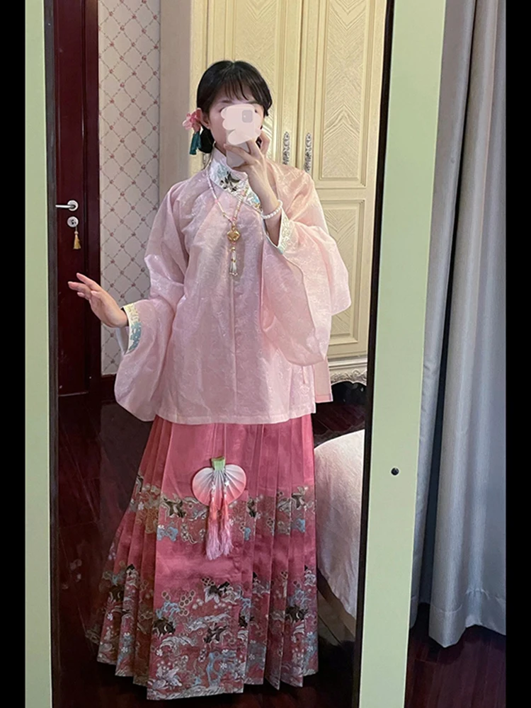 Facai Mingzhi National Style Daily Pink Han Element Lolita Horse Face Skirt Set Hanfu Lolita Little Goldfish Costume Hanfu Suit