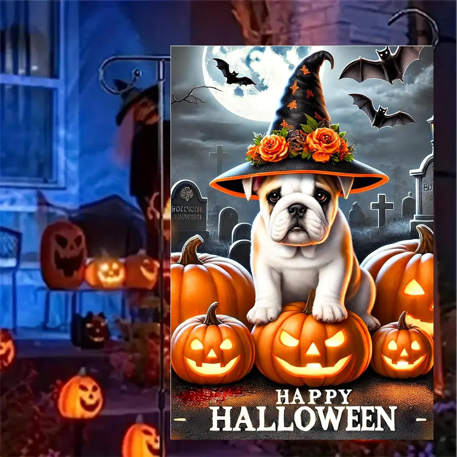 BlissYard Halloween Garden Flag 12x18 Inch Bulldog Witch Dog Flag Double Sided Spooky Pumpkin Yard Banner Outdoor Holiday De jjp