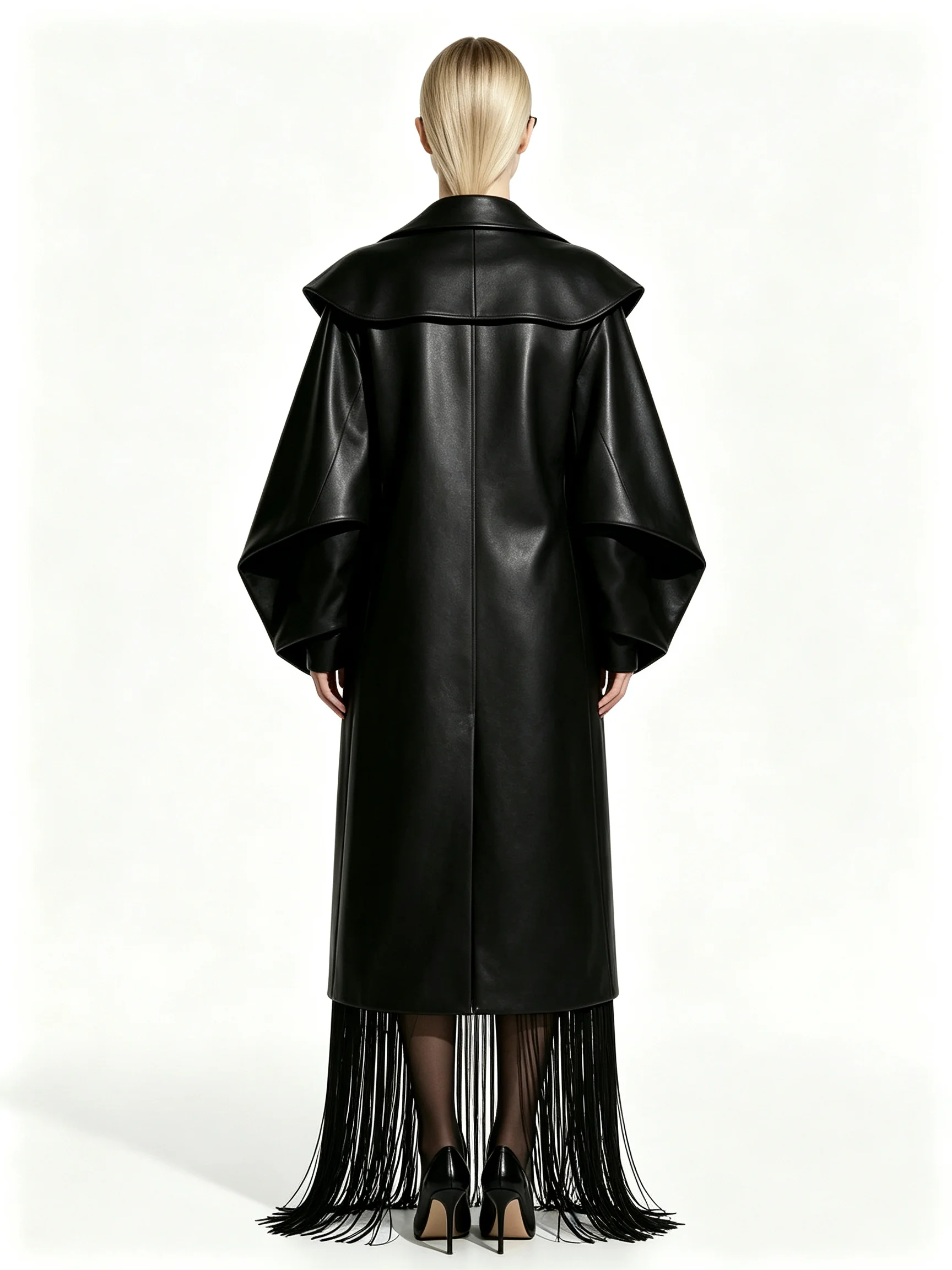 Women's Faux Leather Mini Dress with Exaggerated Cape Sleeves and Long Fringe Detail