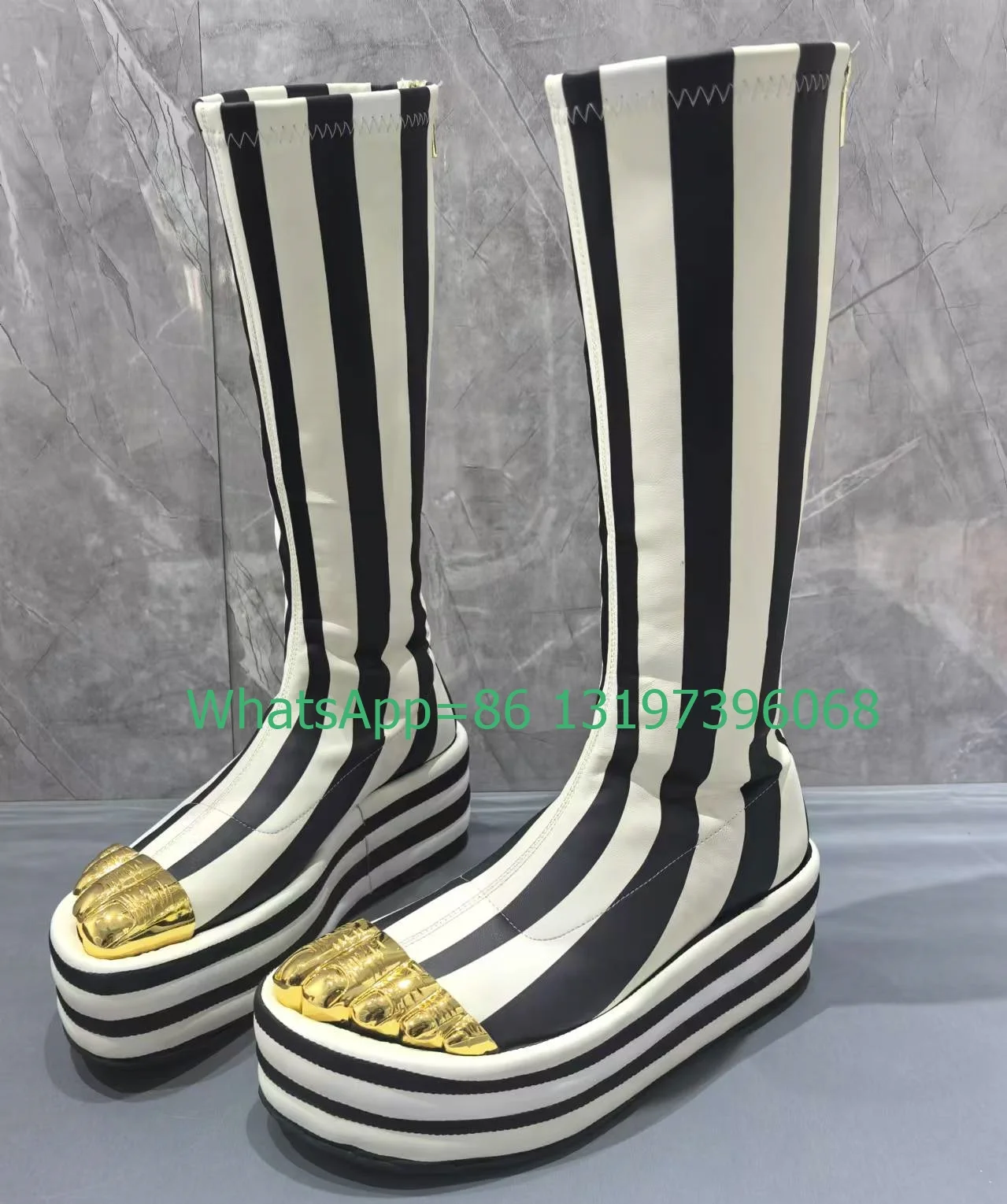 Lady Zebra Printed Design Knee Boots Gold Five Finger Design Platform Boots Height Increaseing Runway Boots Back Zip Boots 36-43