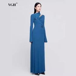 VGH Solid Hollow Out Elegant Dresses Women Diagonal Long Sleeves High Waist Pleated Slimming Folds Evening Dress Female Style