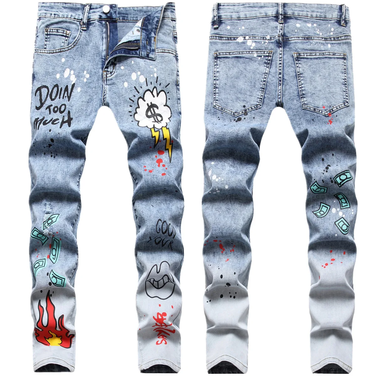 

Men's pants Hip hop multi-color print ripped patch slim stretch fried snow small straight leg jeans