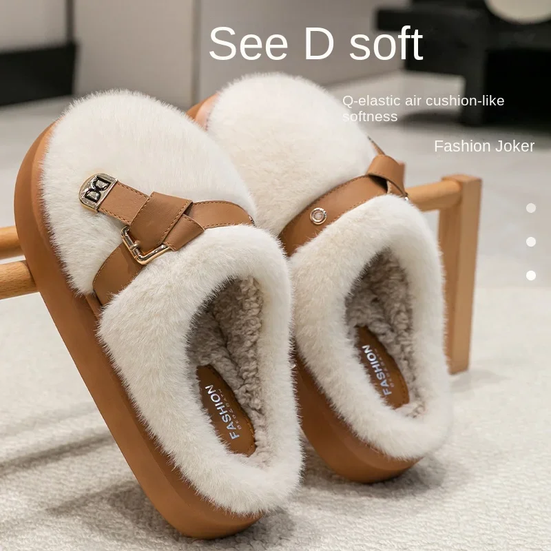 

Winter Women Fluffy Slippers Fashion Belt Thick Sole Outdoor Snow Boots Platform Home Cotton Shoes Plush Warm Indoor Slippers