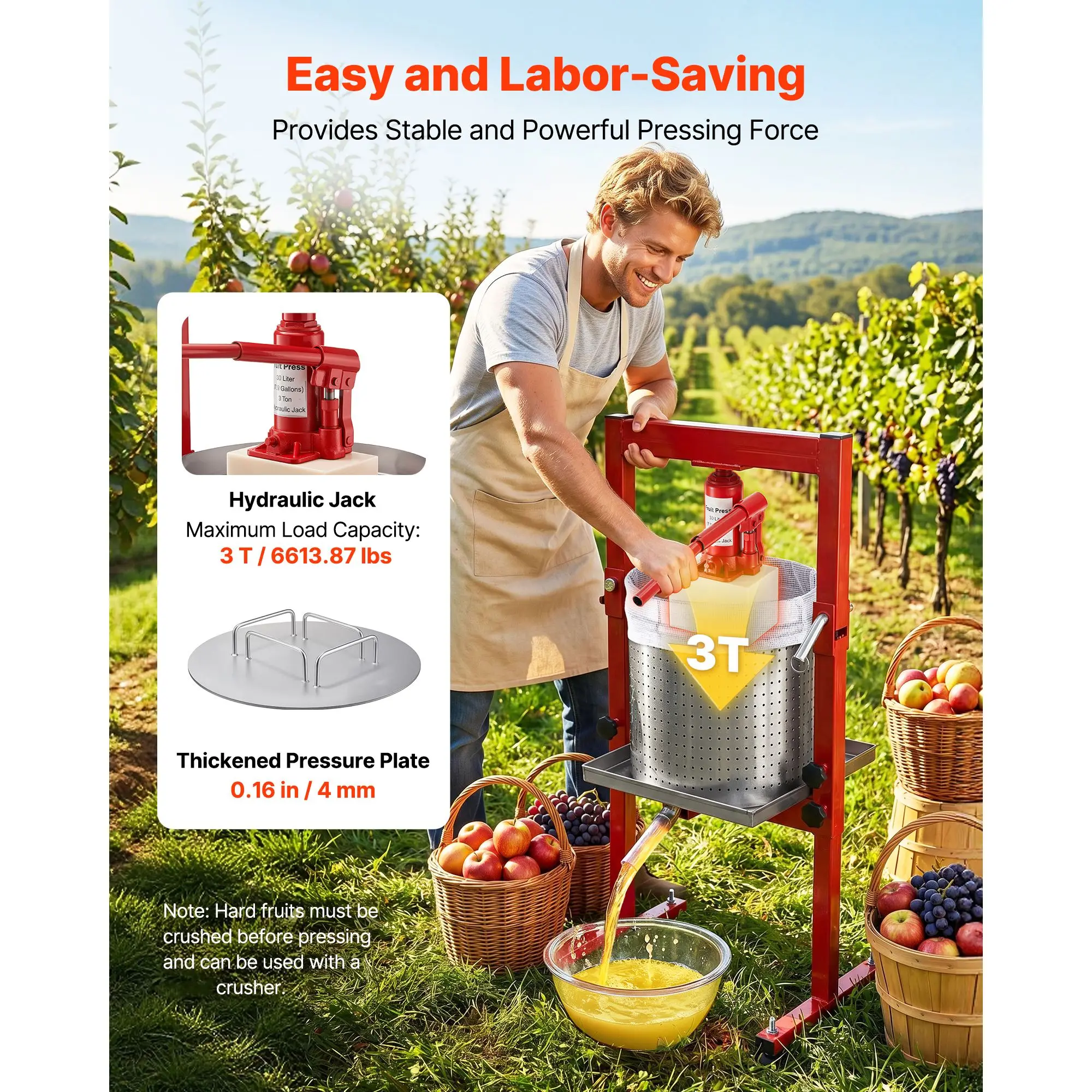 

Hydraulic Fruit Wine Press, 7.93Gal/30L, Stainless Steel Heavy Duty Manual Juice Maker, Cider Apple Grape Vegetable Crusher, Cheese/Tincture/Herbal Press, with 2 Filter Bags, for Kitchen Home