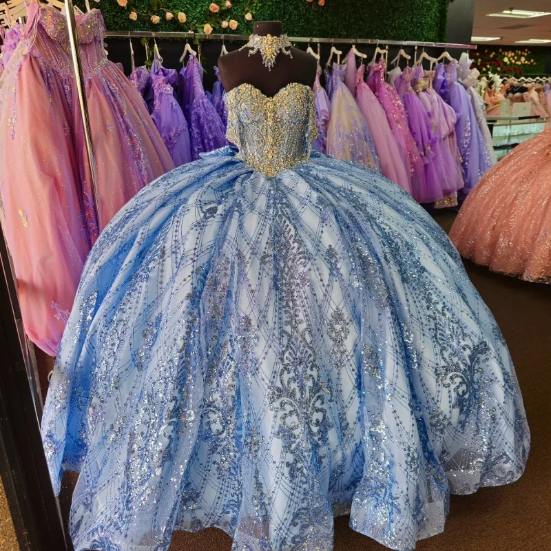 

Голубое блестящее бальное платье Quinceanera Платья с открытыми плечами и блестками Аппликация Кружева с бусинами Лук Тюль Вечеринка День рождения Sweet 16 Dres