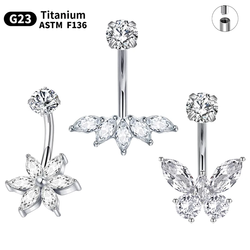 1Pc Titanium Butterfly Belly Button Ring for Women Internally Threaded Cubic Zirconia Navel Earring Piercing Ombligo Belly Bars