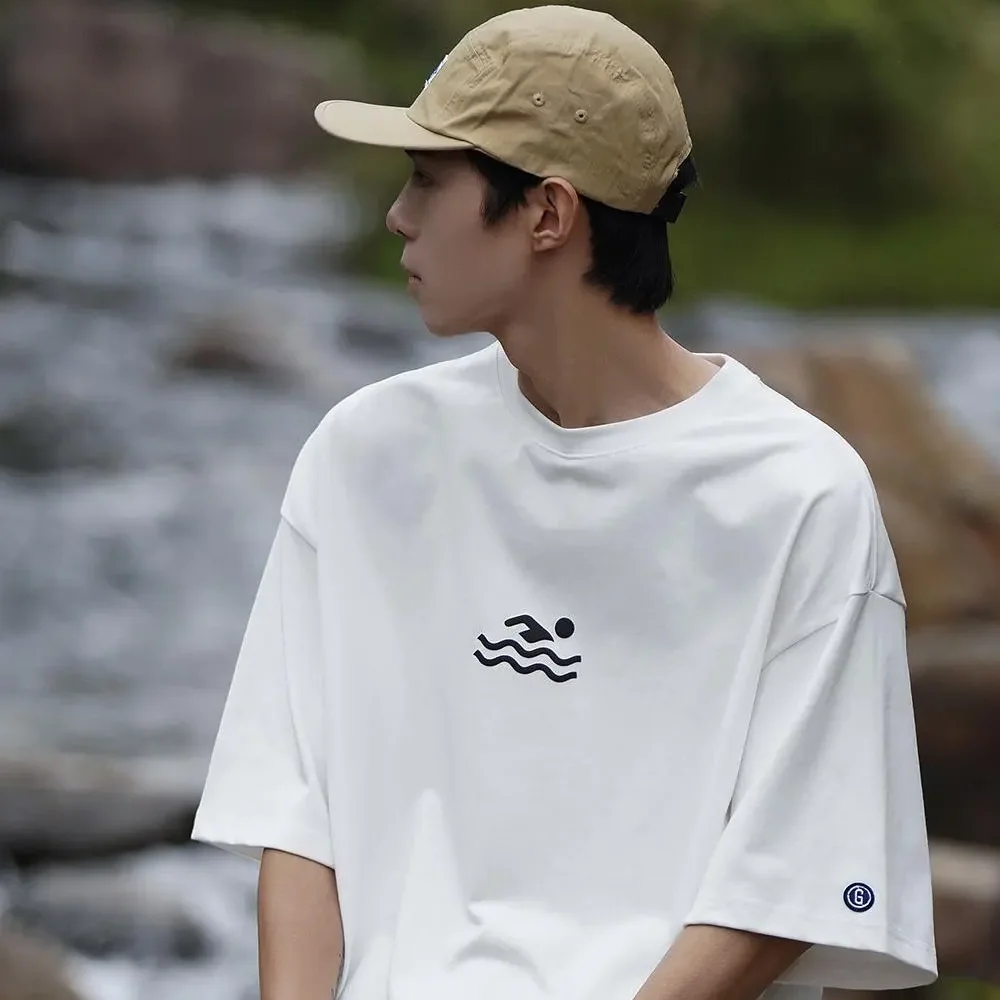 

Heavyweight T-shirt men's printed short-sleeved summer new half-sleeved top pure cotton tee casual T-shirt five-quarter sleeve