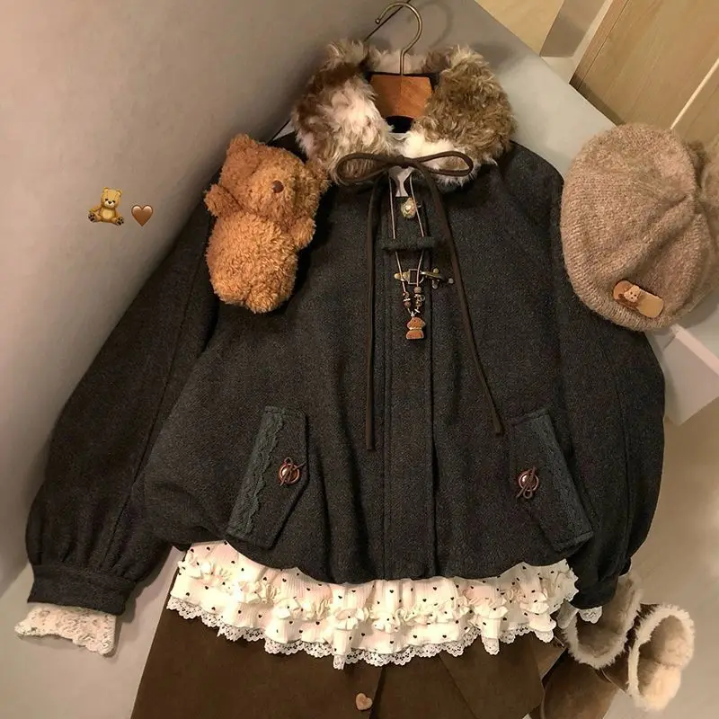 American Vintage fausse fourrure laine veste à glissière à capuche femmes pardessus à capuche Vintage Y2k manteaux Ropa décontracté mode sweat