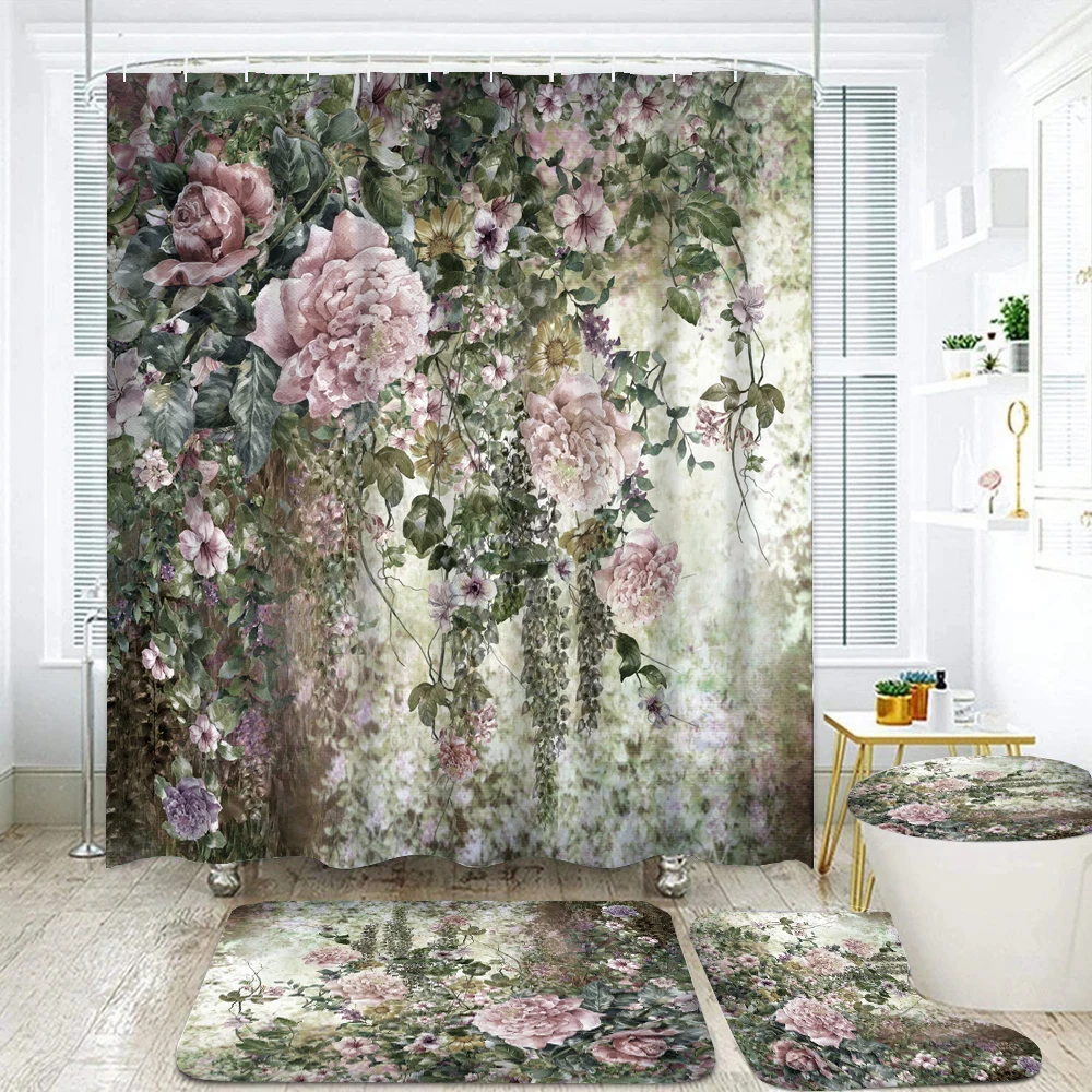 Flowers Bathroom Shower Curtain Set Waterproof Polyester Flower Bath Curtains Non-Slip Bath Mat Rugs Carpet Toilet Cover Decor