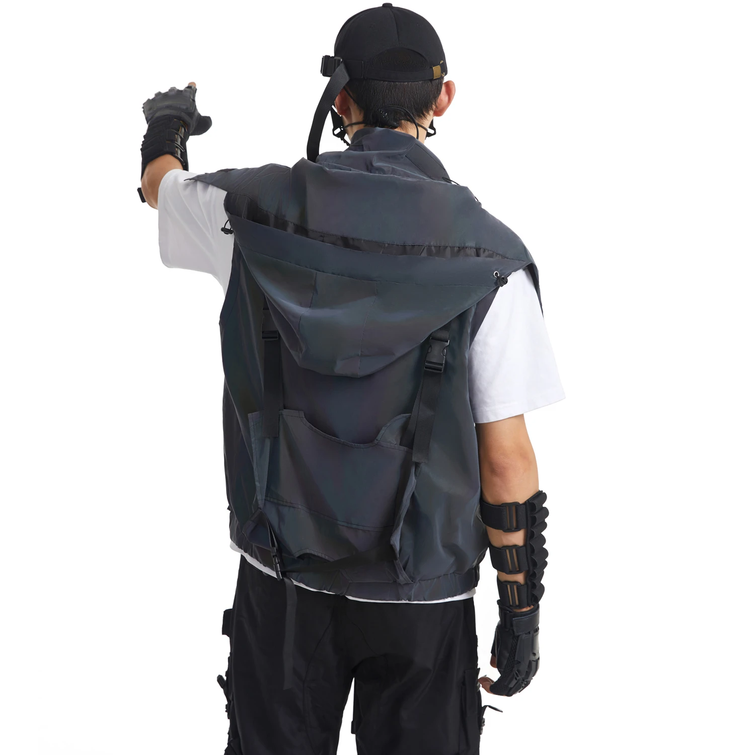 Colorful Reflective Fall/Winter Tactical Hooded Vest Multi-functional Technical Flying Sleeveless Jacket Punk Pullover Waistcoat