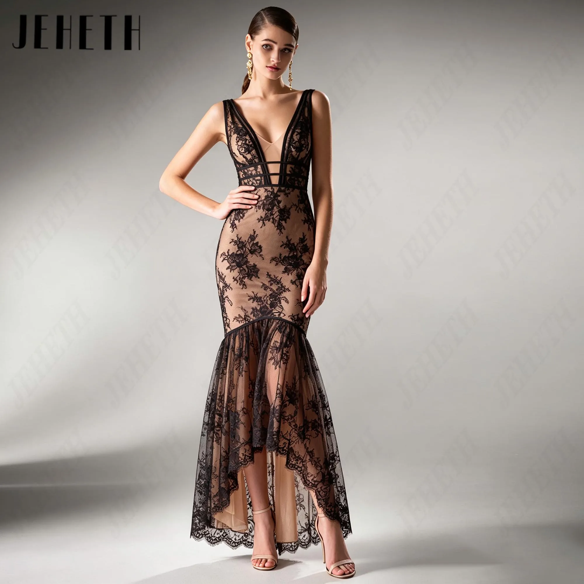 JEHETH Flower Tulle Illusion Luxury Prom Gowns High Low Mermaid Red Carpet Dresses Deep-V Tank Pageant Dress Custom Made 2026