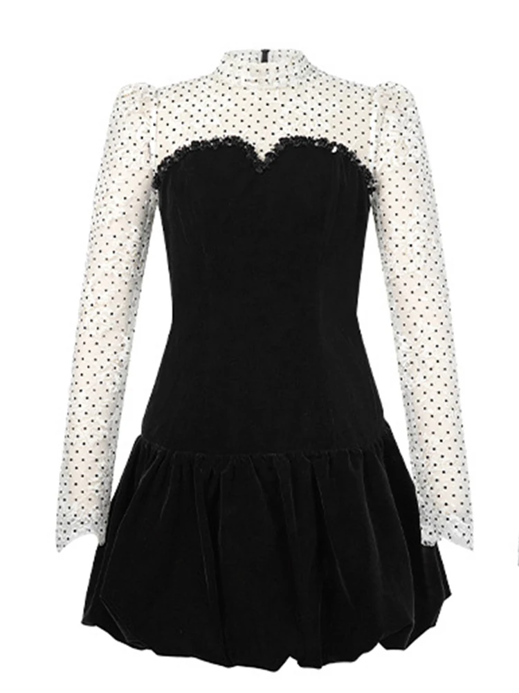 Fake 2-Piece Retro Black Women Street Clothes Velvet Lace Dot Slim Mini Short Dress Elegant Lady Fashion Party Prom Vestidos New