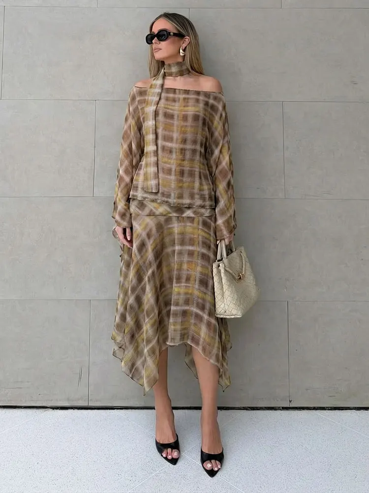 HH Women Fashion Plaid Skirts Suits Casual Loose Scarf Collar Cape Blouse Tops High Waist Midi Skirt 2026 Trend High Street Sets image 2