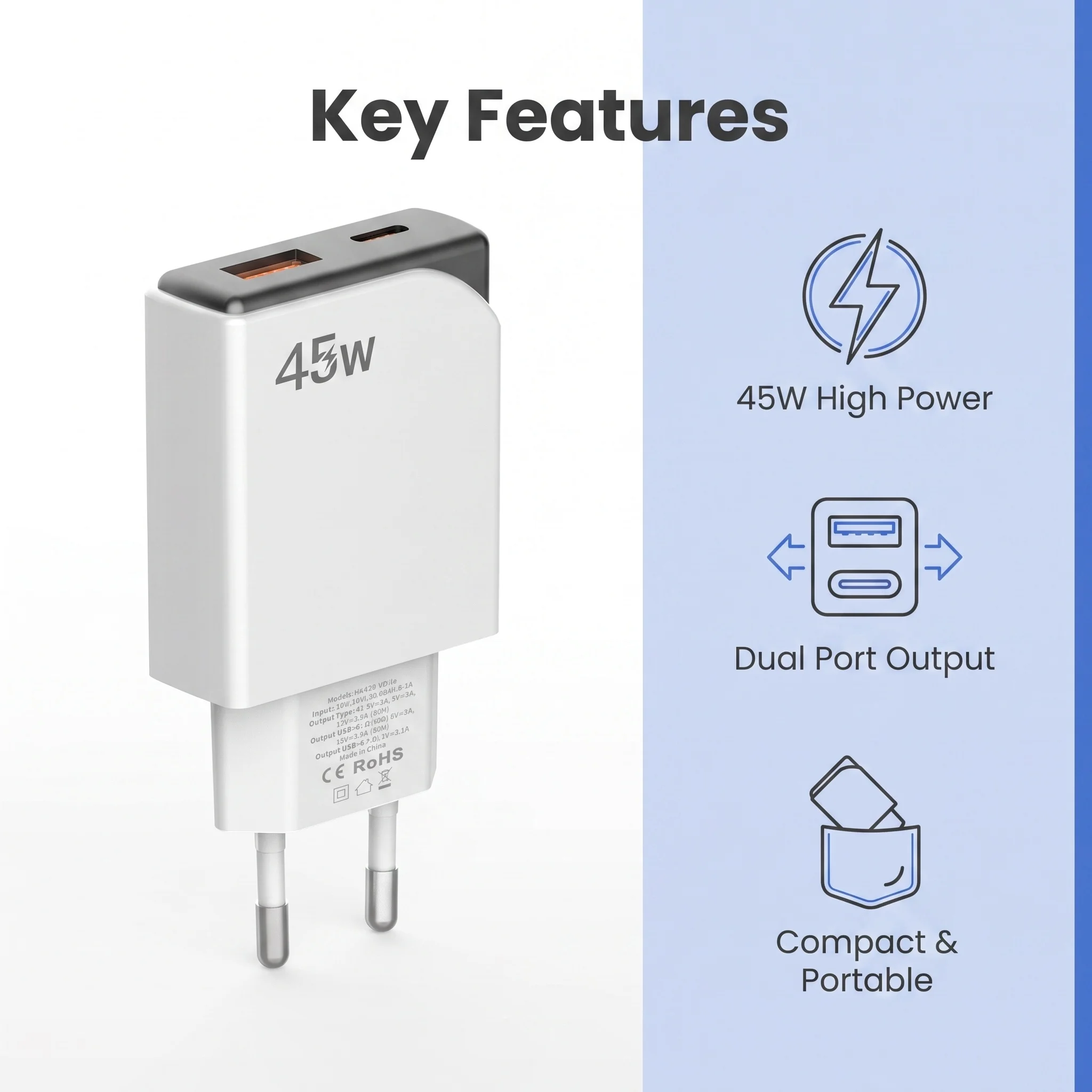 【EU Plug】45W/30W/25W/20W GaN Charger PD3.0 PPS QC3.0 USB C Fast Charger For iPhone 17 16 15 ProMax Samsung S25 iPad Air