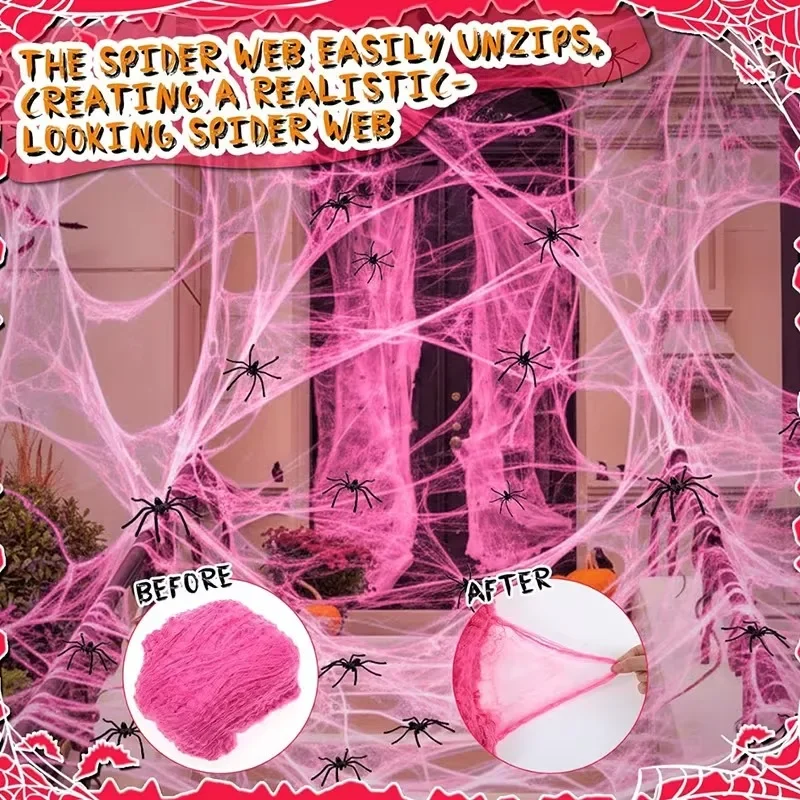 1-5Bags Pink Spider Web with Cotton Nest Decoration Creepy Realistic Horror Atmosphere Prop for Halloween Escape Room Indoor