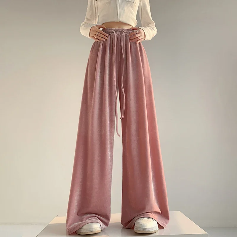 

Pop Pink High Waist Golden Velvet Wide Leg Pants Woman Spring Loose Casual Sweet Velour Long Trousers Female