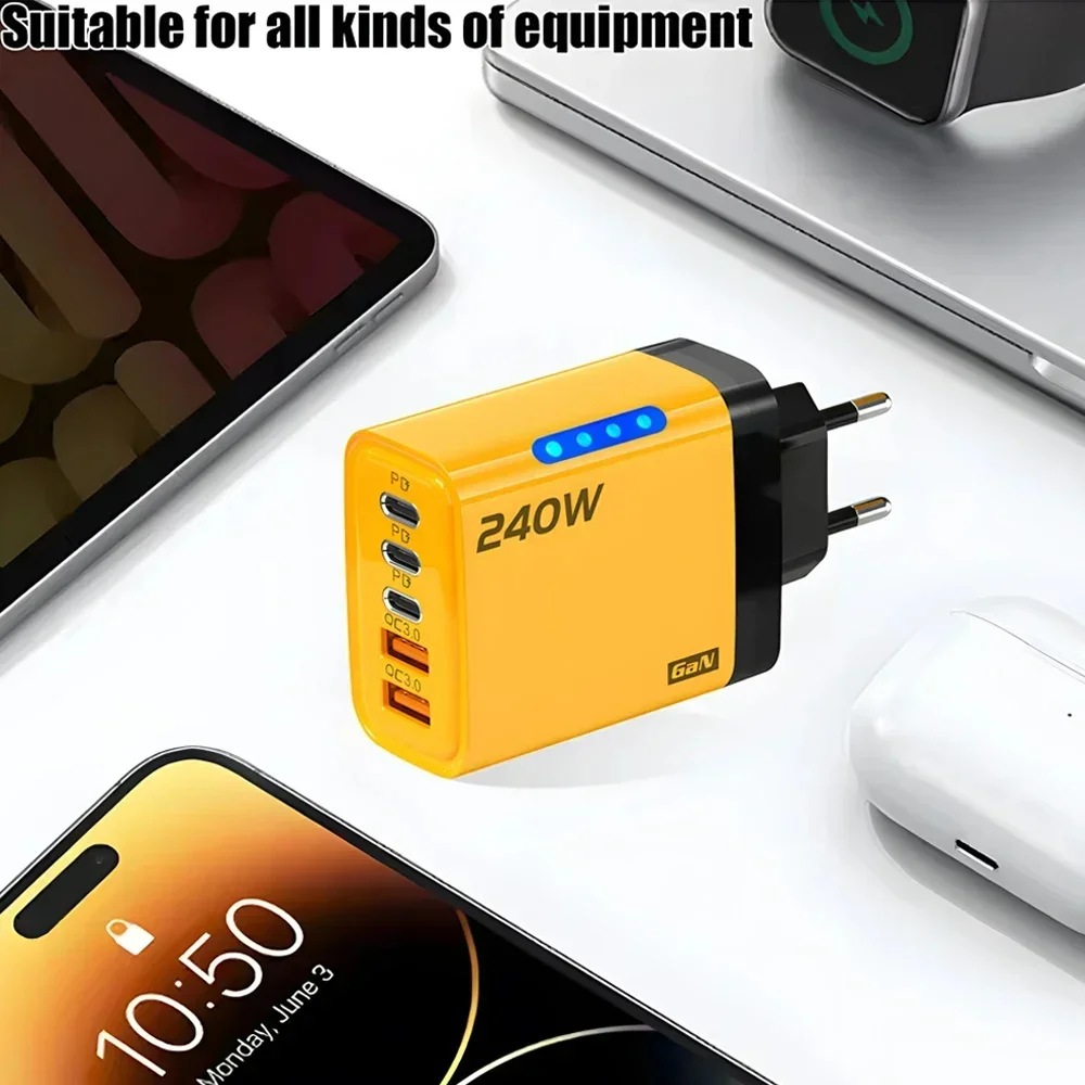 5 in 1 240W GaN EU/US/UK Plug Fast Charging Phone Charger USB Power Adapter Type C Wall Charger For iPhone Huawei Samsung Xiaomi
