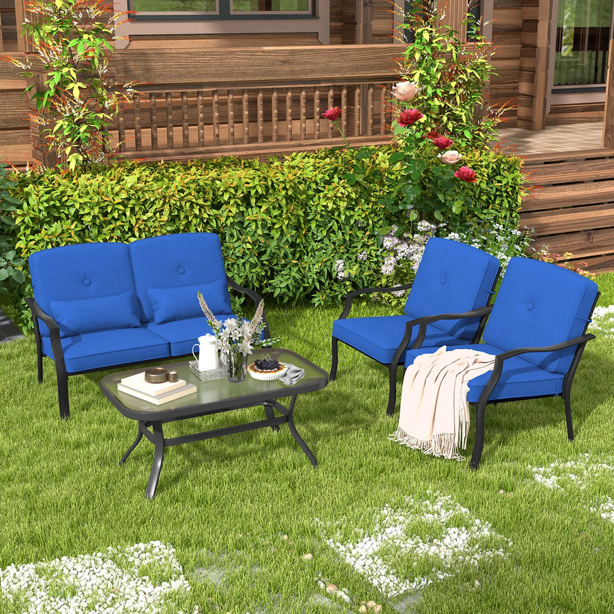 4 PCS Patio Furniture Set Outdoor Conversation Sofa Tempered Glass Coffee Table Navy