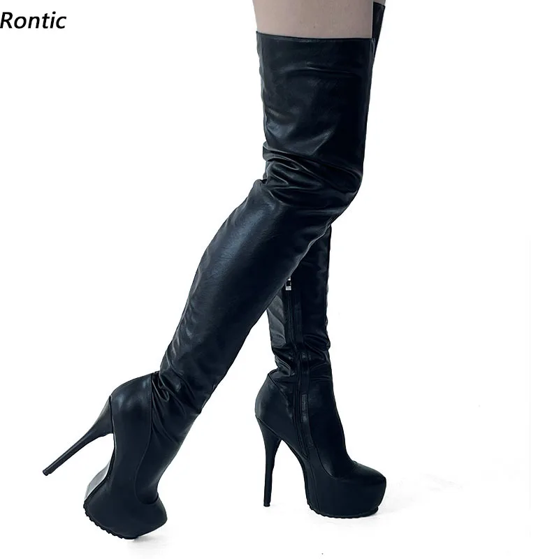 

Rontic женские длинные ботинки на платформе из искусственной кожи с боковой молнией на шпильке с круглым носком, элегантные черные туфли, женские размеры США 5-20