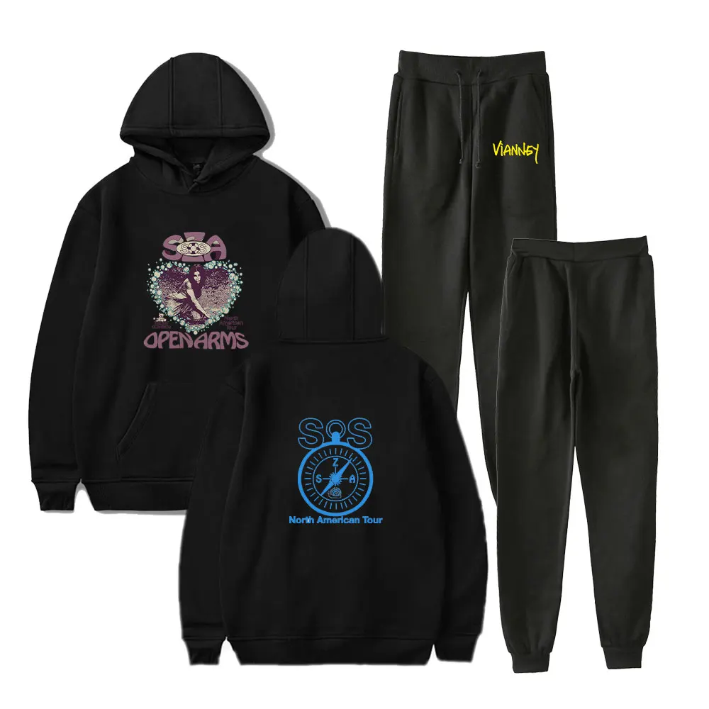 Rapper SZA JERSEY SOS Album baru 2 potong set Tracksuit pakaian olahraga bertudung pria + Celana Pullover Hoodie kasual pakaian olahraga